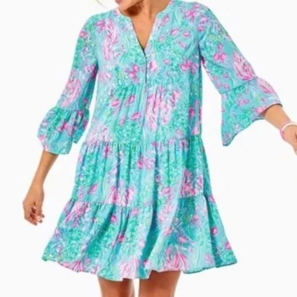 Lilly Pulitzer Aqua and Pink Floral Tiered Shift Dress
